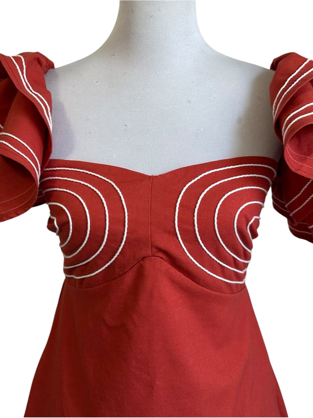 Strut & Bolt Off Shoulder Embroidered Linen Mini Dress Sz Small Terracotta Lined - Picture 4 of 13